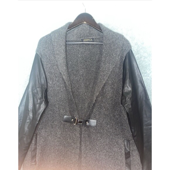 Joseph A Cardigan Womens Large Gray Duster Sweater Faux Leather Sleeves Office - Picture 2 of 11